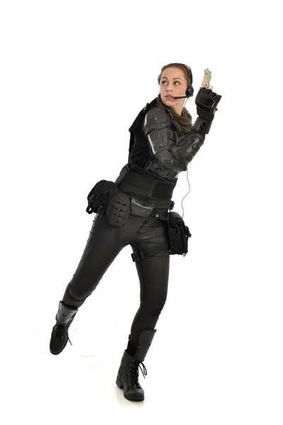 Full Length Portrait Female Soldier Wearing Black Tactical Armour Holding — Stock Photo, Image