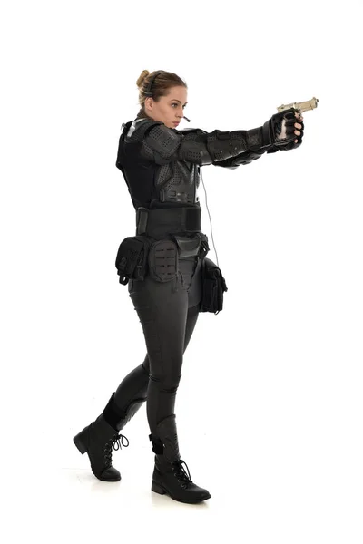 Full Length Portrait Female Soldier Wearing Black Tactical Armour Holding — Stock Photo, Image