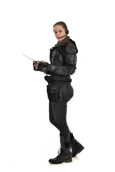 Full Length Portrait Female Soldier Wearing Black Tactical Armour Holding — Stock Photo, Image