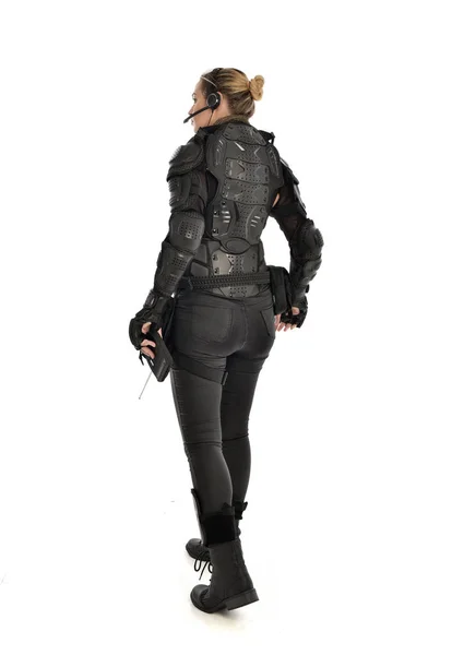 Full Length Portrait Female Soldier Wearing Black Tactical Armour Holding — Stock Photo, Image