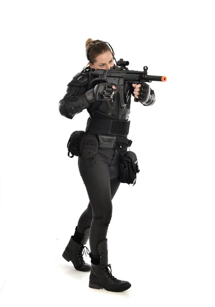 Full Length Portrait Female Soldier Wearing Black Tactical Armour Holding — Stock Photo, Image