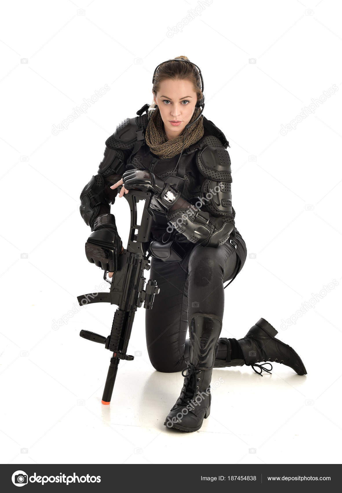 Full Length Portrait Female Soldier Wearing Black Tactical Armour