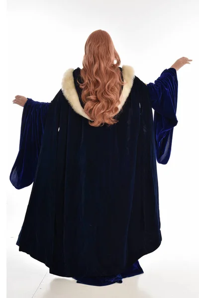 Full Length Portrait Woman Long Hair Wearing Blue Velvet Medieval — Stock Photo, Image