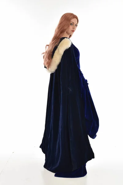 Full Length Portrait Woman Long Hair Wearing Blue Velvet Medieval — Stock Photo, Image