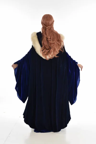Full Length Portrait Woman Long Hair Wearing Blue Velvet Medieval — Stock Photo, Image