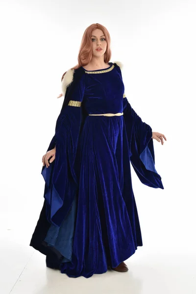 Full Length Portrait Woman Long Hair Wearing Blue Velvet Medieval — Stock Photo, Image