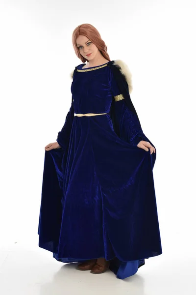 Full Length Portrait Woman Long Hair Wearing Blue Velvet Medieval — Stock Photo, Image