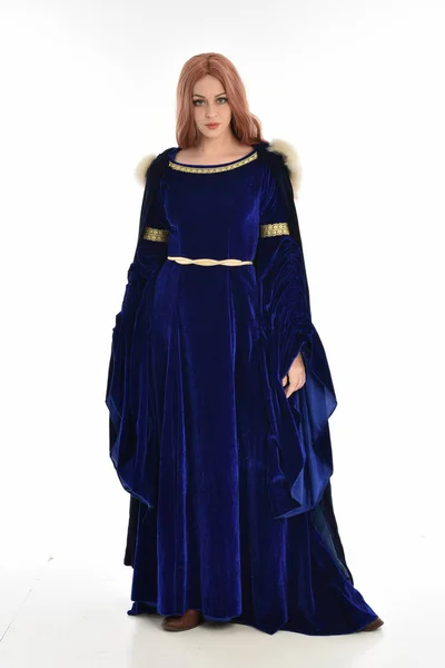 Full Length Portrait Woman Long Hair Wearing Blue Velvet Medieval — Stock Photo, Image