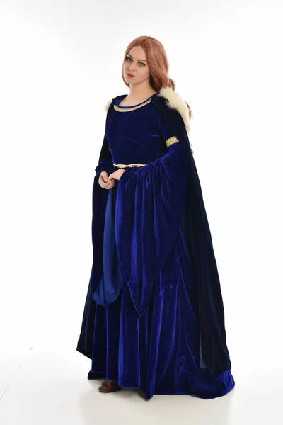 Full Length Portrait Woman Long Hair Wearing Blue Velvet Medieval — Stock Photo, Image