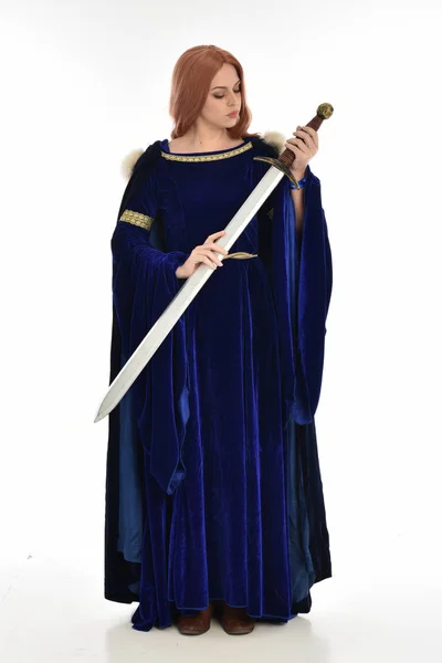 Full Length Portrait Woman Long Hair Wearing Blue Velvet Medieval — Stock Photo, Image