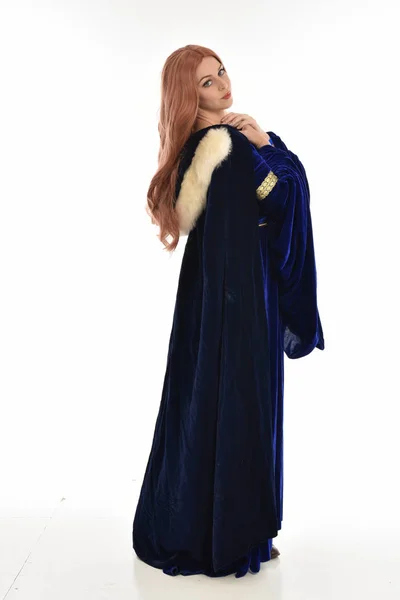 Full Length Portrait Woman Long Hair Wearing Blue Velvet Medieval — Stock Photo, Image