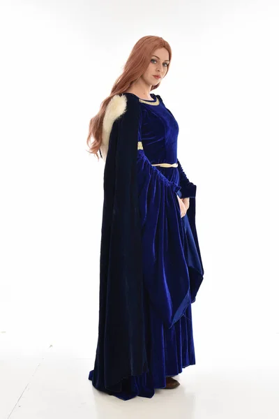 Full Length Portrait Woman Long Hair Wearing Blue Velvet Medieval — Stock Photo, Image