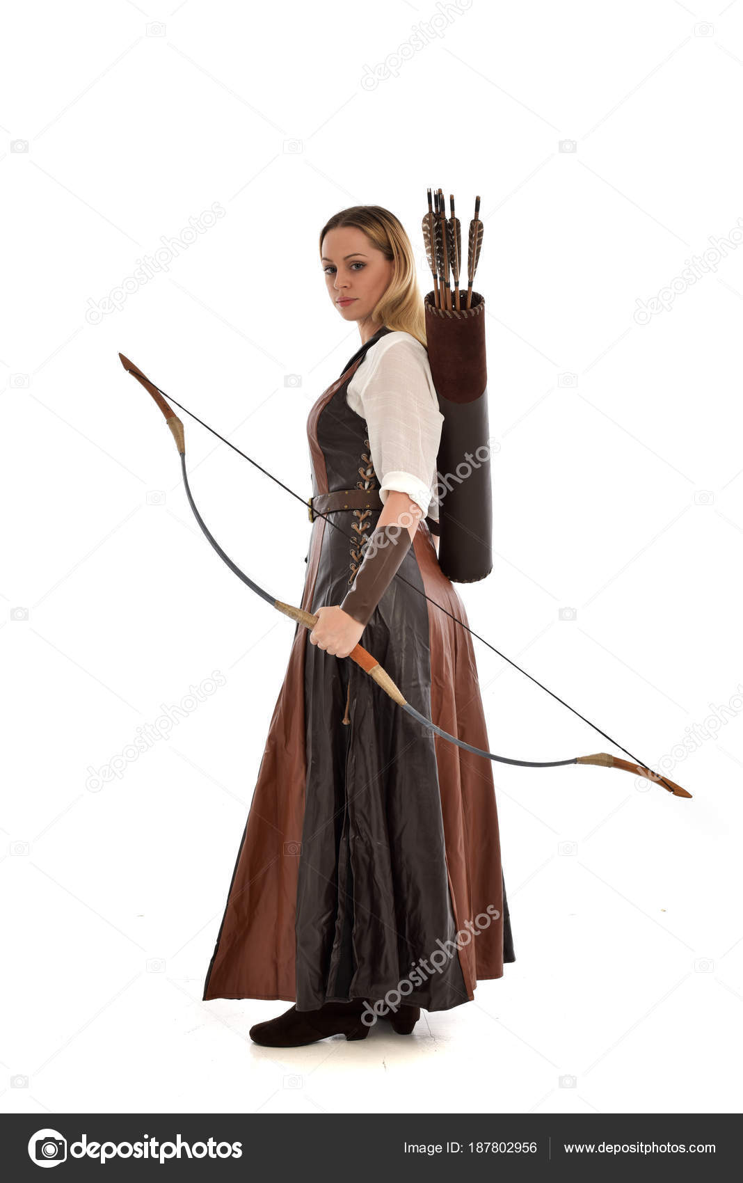 Full Length Portrait Woman Wearing Brown Medieval Fantasy Outfit Bow Stock  Photo by ©faestock 187802956