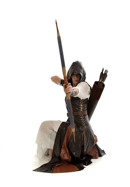 Full Length Portrait Lad Wearing Brown Leather Fantasy Costume Kneeling — Stock Photo, Image