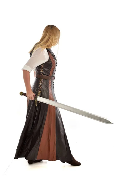 Full Length Portrait Girl Wearing Brown Fantasy Costume Holding Long — Stock Photo, Image