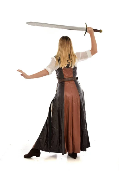 Full Length Portrait Girl Wearing Brown Fantasy Costume Holding Long — Stock Photo, Image