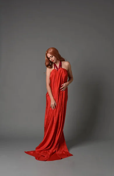 Full Length Portrait Woman Wearing Red Silk Dress Standing Pose — Stock Photo, Image