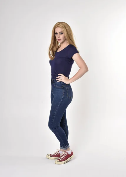 Full Length Portrait Pretty Blonde Girl Wearing Casual Blue Shirt — Stock Photo, Image