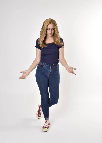 Full Length Portrait Pretty Blonde Girl Wearing Casual Blue Shirt — Stock Photo, Image