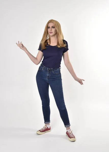 Full Length Portrait Pretty Blonde Girl Wearing Casual Blue Shirt — Stock Photo, Image