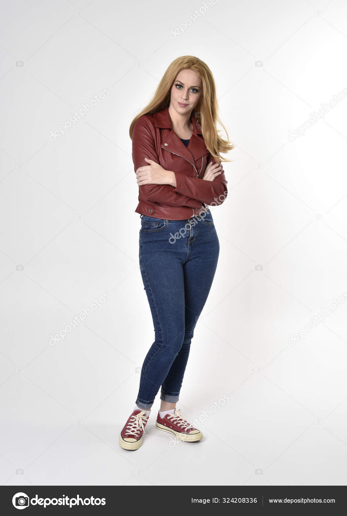 Full Length Portrait Pretty Blonde Girl Wearing Red Leather Jacket Stock  Photo by ©faestock 324208336