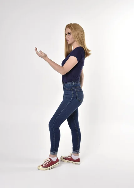 Full Length Portrait Pretty Blonde Girl Wearing Casual Blue Shirt — Stock Photo, Image