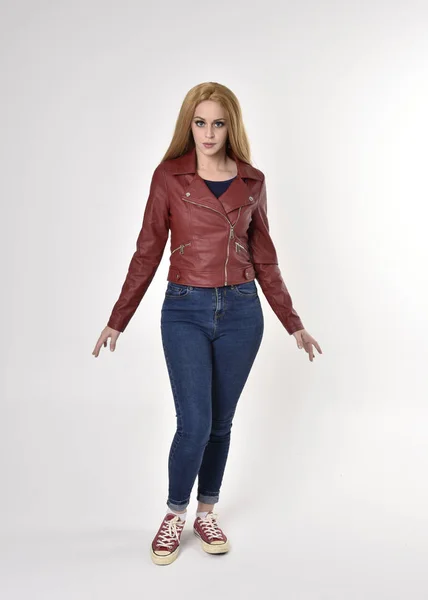 Full Length Portrait Pretty Blonde Girl Wearing Red Leather Jacket — Stock Photo, Image