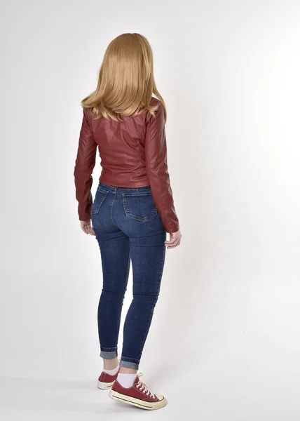 Full Length Portrait Pretty Blonde Girl Wearing Red Leather Jacket — Stock Photo, Image