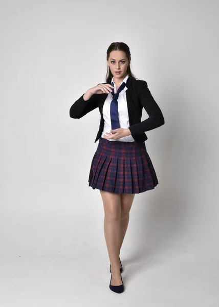 Full Length Portrait Pretty Brunette Girl Wearing School Uniform Black — 스톡 사진