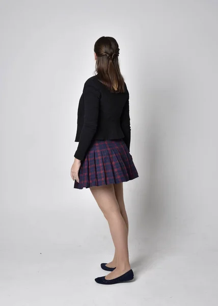 Full Length Portrait Pretty Brunette Girl Wearing School Uniform Black — Stock Photo, Image