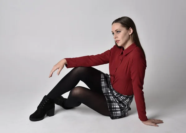 Full Length Portrait Pretty Brunette Girl Wearing Red Shirt Plaid — Stock Photo, Image