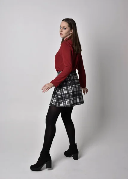 Full Length Portrait Pretty Brunette Girl Wearing Red Shirt Plaid — Stock Photo, Image