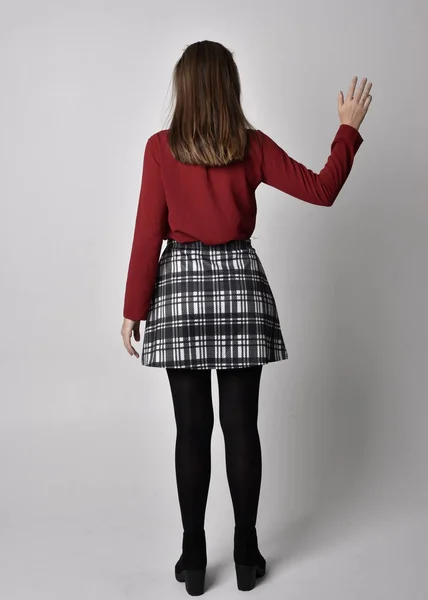 Full Length Portrait Pretty Brunette Girl Wearing Red Shirt Plaid — Stock Photo, Image