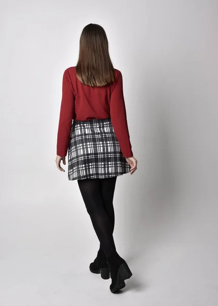 Full Length Portrait Pretty Brunette Girl Wearing Red Shirt Plaid — Stock Photo, Image