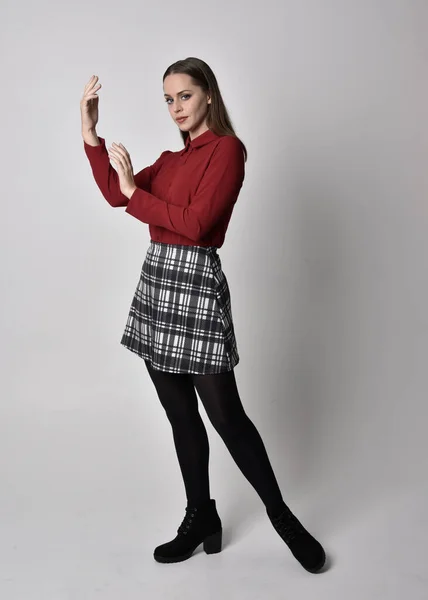 Full Length Portrait Pretty Brunette Girl Wearing Red Shirt Plaid — Stock Photo, Image