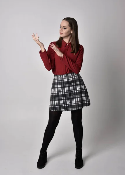 Full Length Portrait Pretty Brunette Girl Wearing Red Shirt Plaid — Stock Photo, Image