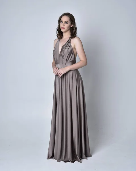 Portrait Pretty Brunette Girl Wearing Long Silver Evening Gown Full — Stock Photo, Image