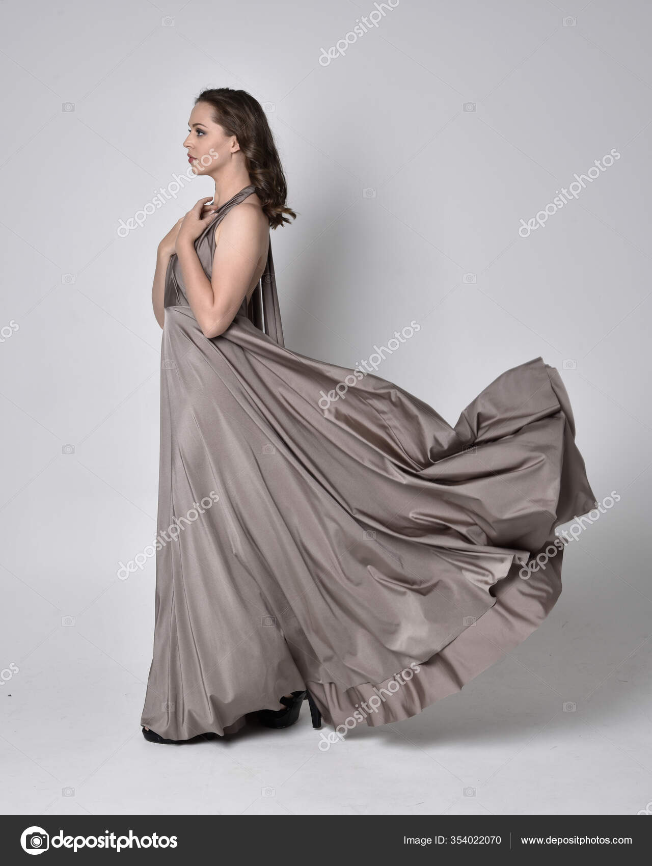 Portrait Pretty Brunette Girl Wearing Long Silver Evening Gown Full Stock Photo By C Faestock