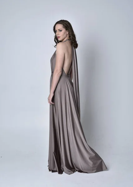Portrait Pretty Brunette Girl Wearing Long Silver Evening Gown Full — Stock Photo, Image
