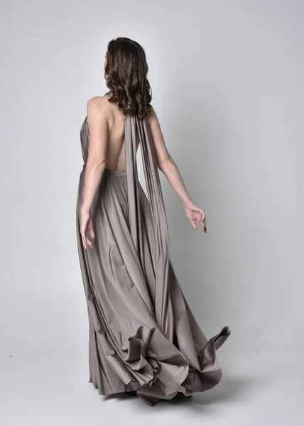 Uzun Gümüş Bir Gece Elbisesi Giyen Esmer Bir Kızın Portresi — Stok fotoğraf