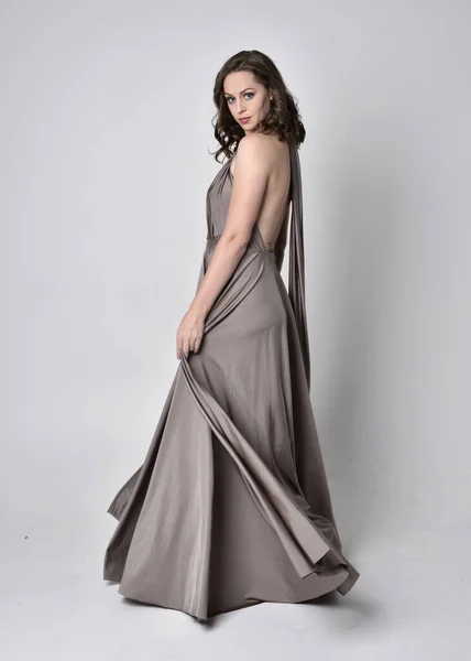 Portrait Pretty Brunette Girl Wearing Long Silver Evening Gown Full — Stock Photo, Image