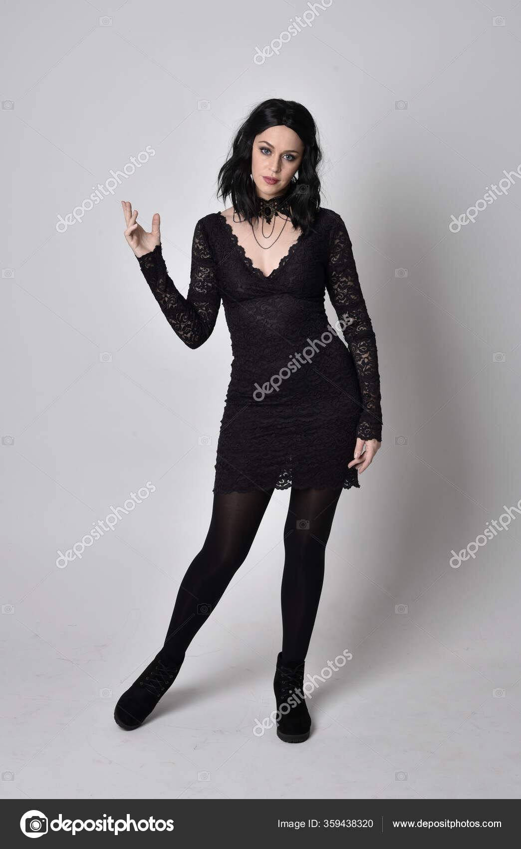 Portrait Goth Girl Dark Hair Wearing Black Lace Dress Boots Stock Photo by  ©faestock 359438320