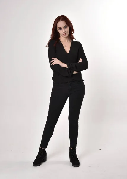 Portrait Pretty Girl Red Hair Wearing Black Jeans Boots Blouse — Stock Photo, Image