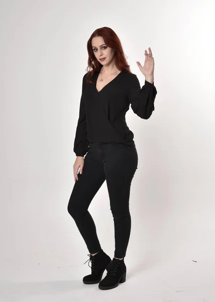 Portrait Pretty Girl Red Hair Wearing Black Jeans Boots Blouse — Stock Photo, Image