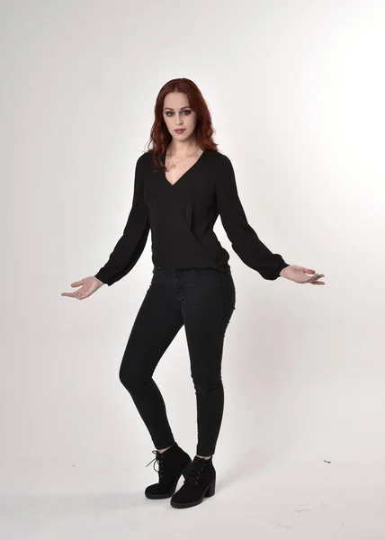 Portrait Pretty Girl Red Hair Wearing Black Jeans Boots Blouse — Stock Photo, Image