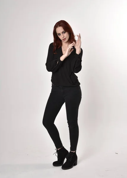 Portrait Pretty Girl Red Hair Wearing Black Jeans Boots Blouse — Stock Photo, Image