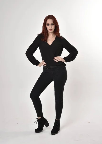 Portrait Pretty Girl Red Hair Wearing Black Jeans Boots Blouse — Stock Photo, Image