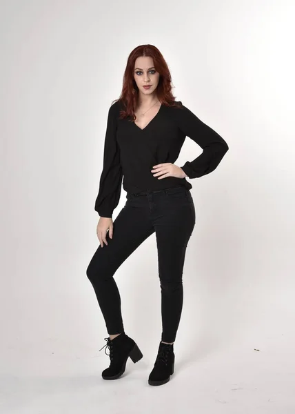 Portrait Pretty Girl Red Hair Wearing Black Jeans Boots Blouse — Stock Photo, Image