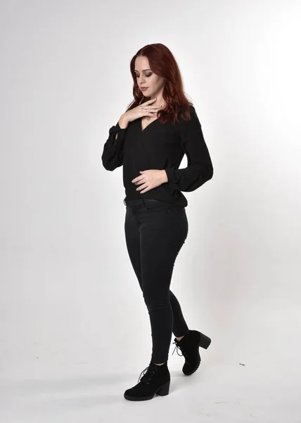 Portrait Pretty Girl Red Hair Wearing Black Jeans Boots Blouse — Stock Photo, Image