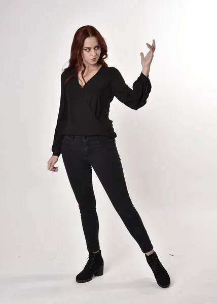 Portrait Pretty Girl Red Hair Wearing Black Jeans Boots Blouse — Stock Photo, Image